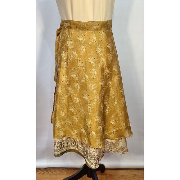 Kariza One Size Gold Floral Wrap Midi Skirt Silk Rayon Blend Cottage Core - Picture 2 of 5